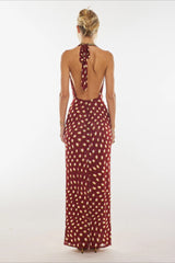 Polka Dot Print Halter Waist Tie Maxi Dress