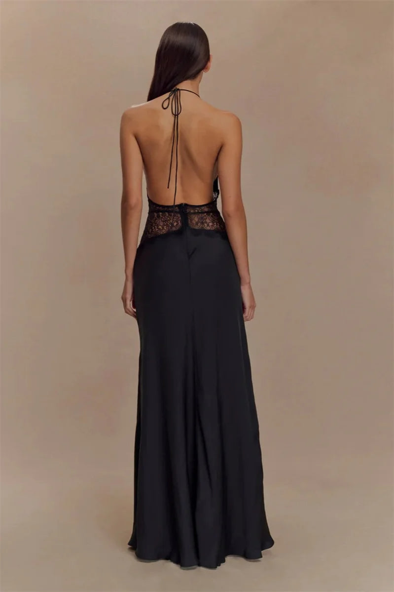 Lace Patchwork Backless Halter Boho Dress