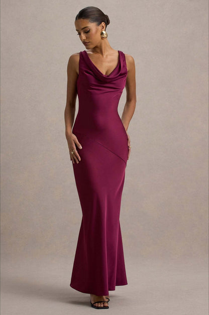 Satin Cowl Neck Fishtail Party Dress