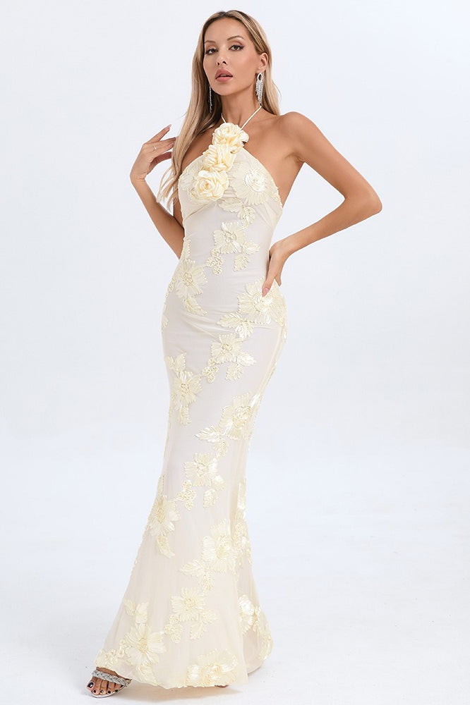 Halter Floral Foil Print Maxi Dress