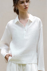 Linen Polo Collar Relaxed Blouse