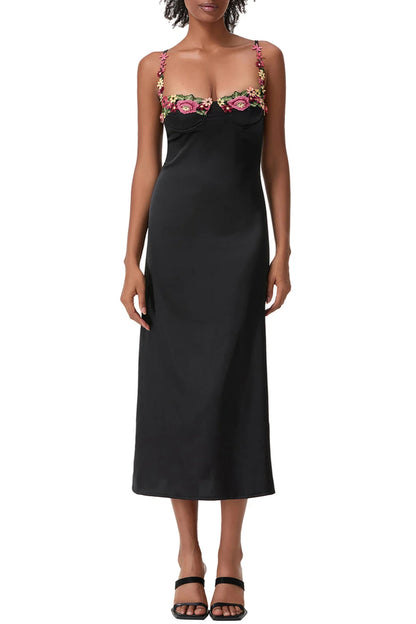 Satin Flower Embroidery Midi Dress