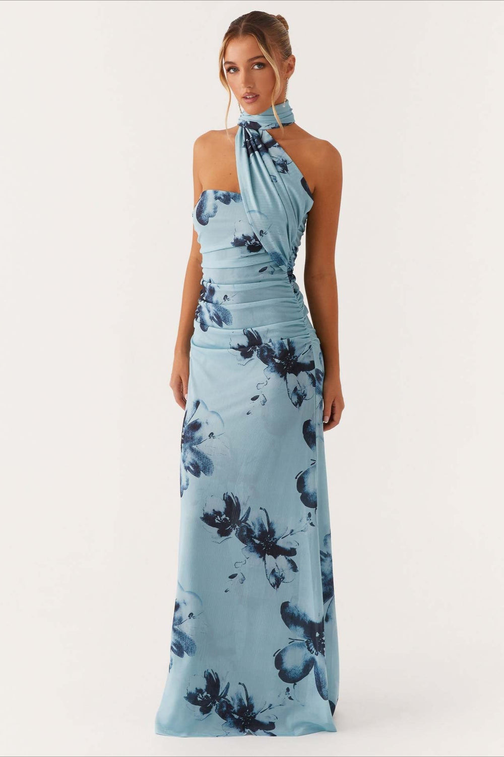Tie Dye Mesh Spaghetti Strap Maxi Party Dress Blue / S