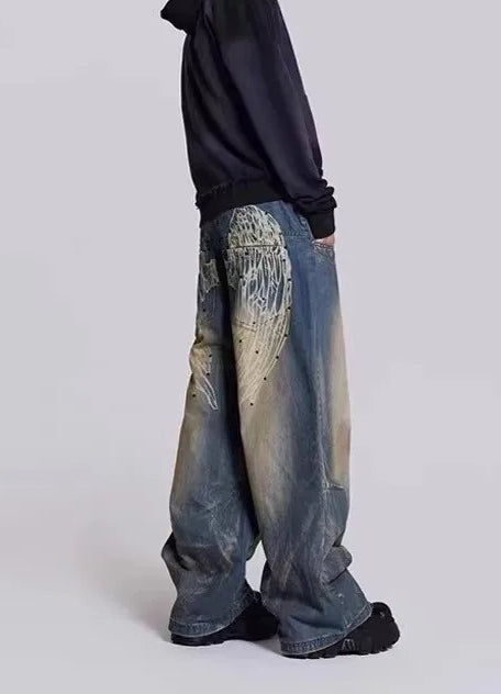 Gradient Wing Print Wide Leg Jeans