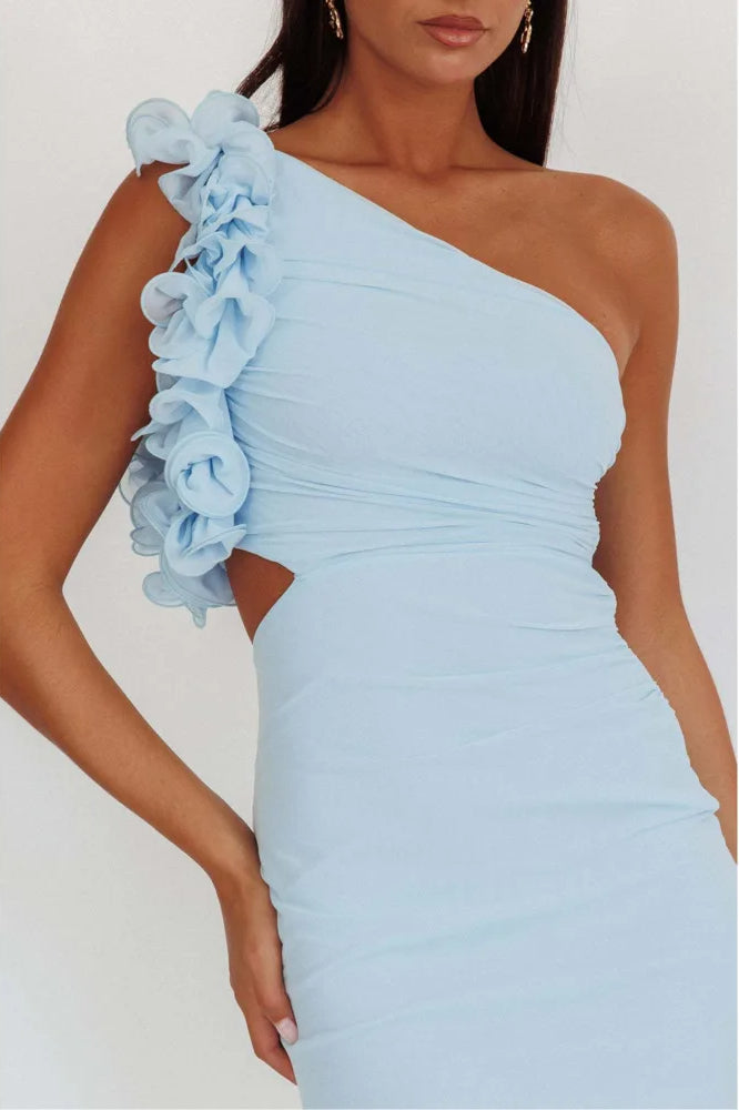 Slant Shoulder Flower Midi Dress