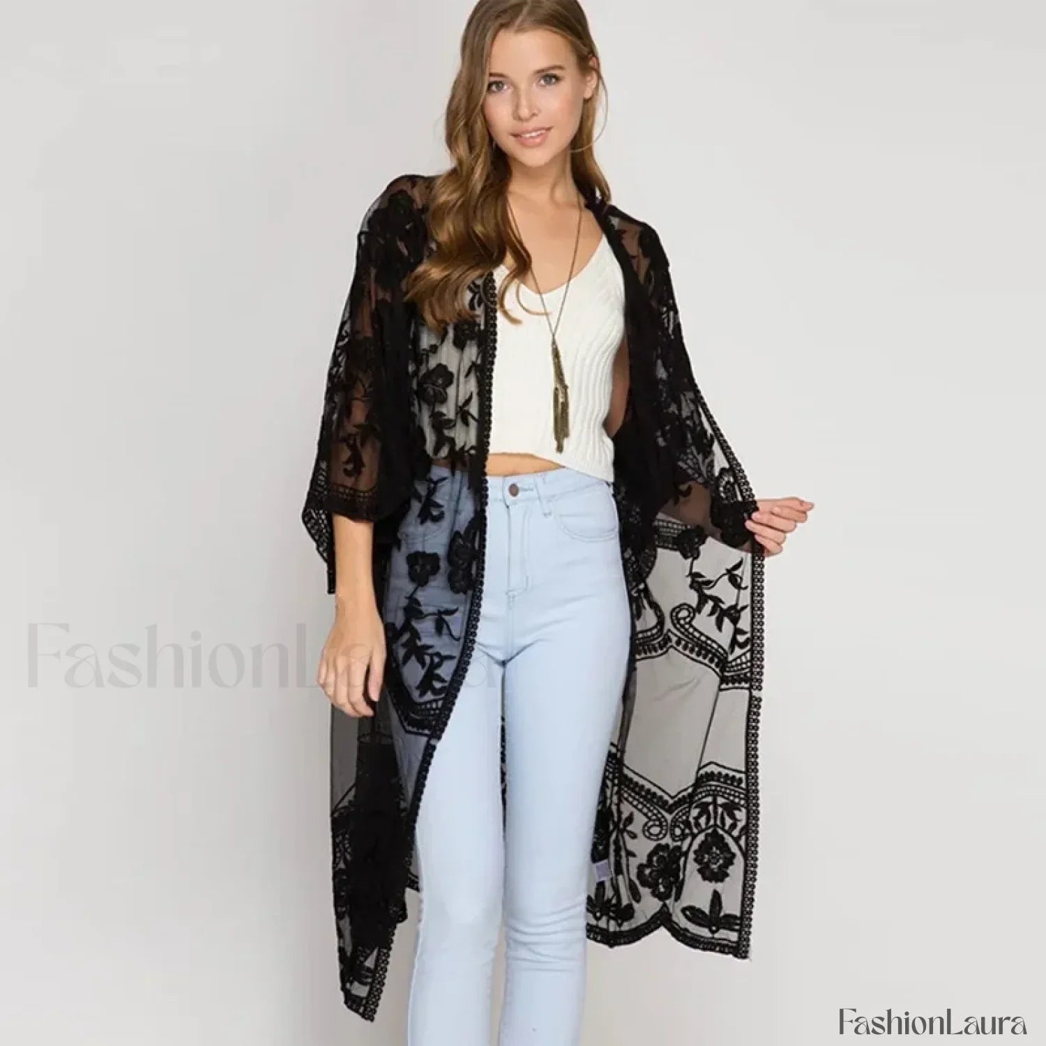 3/4 Sleeve Floral Bikini Cover Up Black / One Size