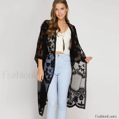 3/4 Sleeve Floral Bikini Cover Up Black / One Size