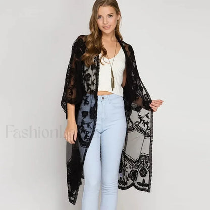 3/4 Sleeve Floral Bikini Cover Up Black / One Size