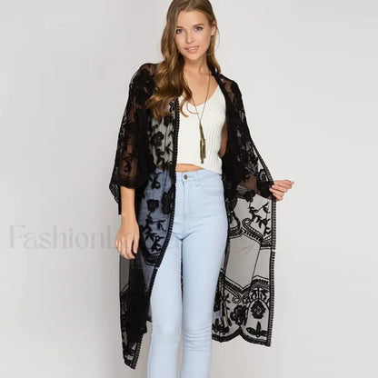 3/4 Sleeve Floral Bikini Cover Up Black / One Size