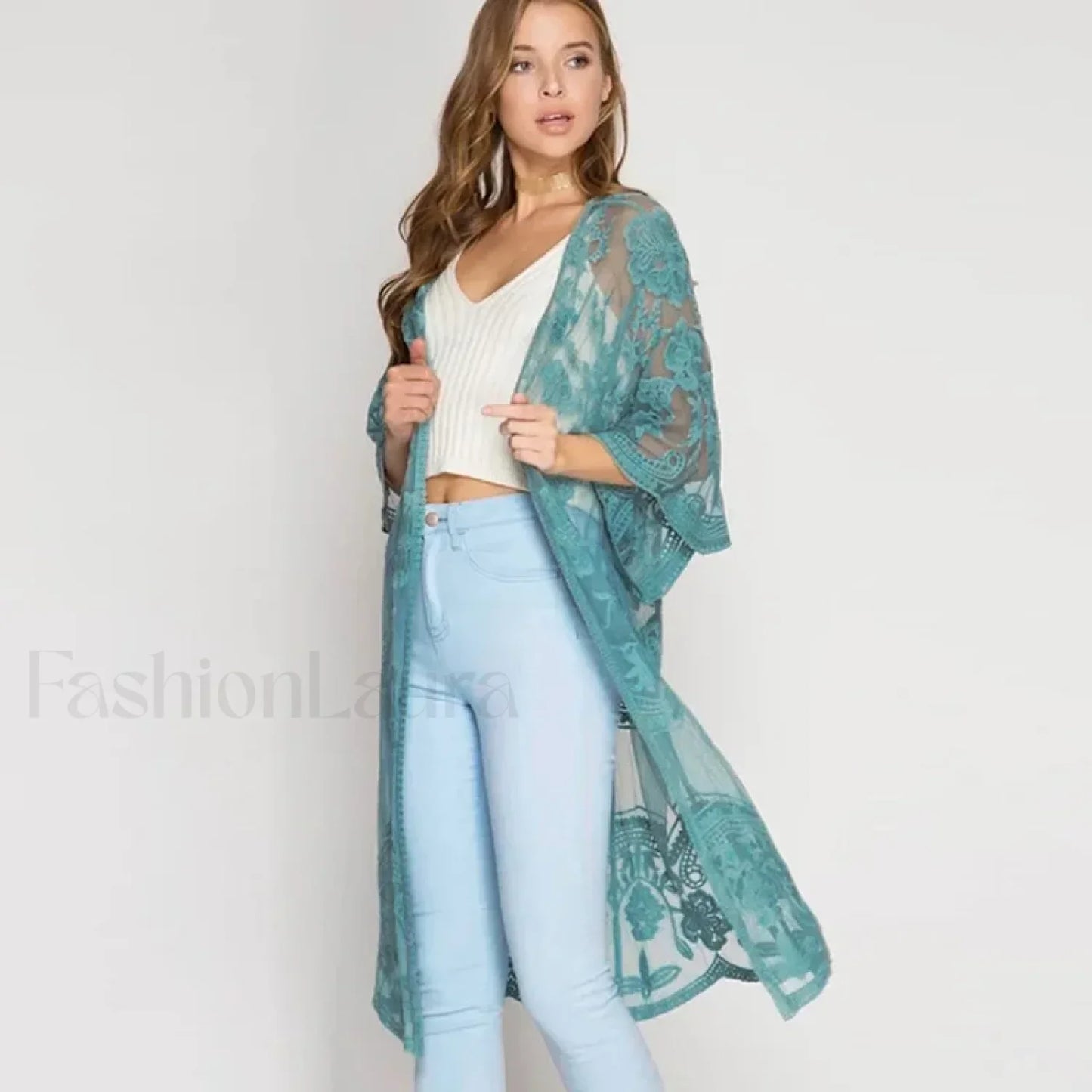 3/4 Sleeve Floral Bikini Cover Up Green / One Size