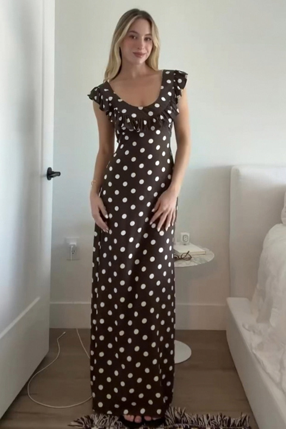 Polka Dot U-Neck Ruffled Bodycon Maxi Dress