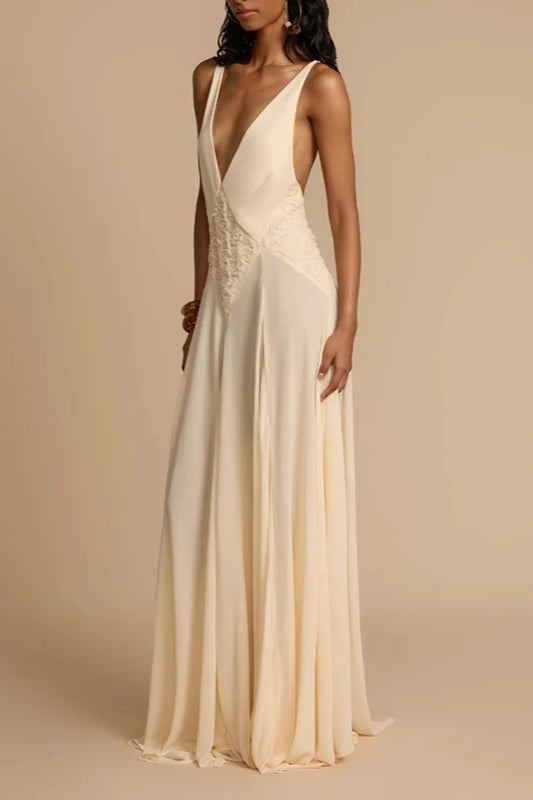 Deep V Neck Lace Patchwork Boho Dress