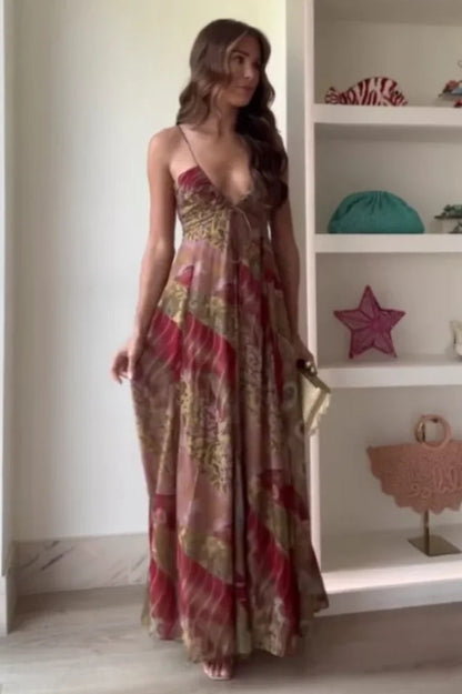 Fashion Print V Neck Maxi Dress