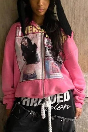 Retro Gothic Print Oversized Hoodie