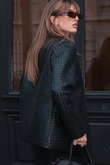 V-Neck Woven Leather Long Sleeve Jacket