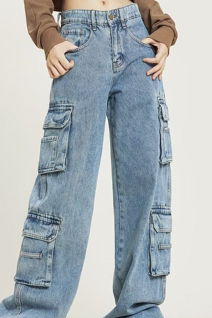 Vintage Washed Wide Leg Cargo Jeans Blue / S
