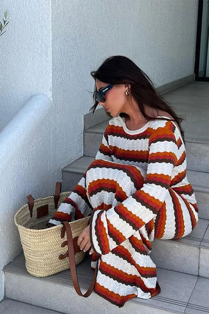 Striped Contrast Knit Hollow Out Long Sleeve Maxi Dress