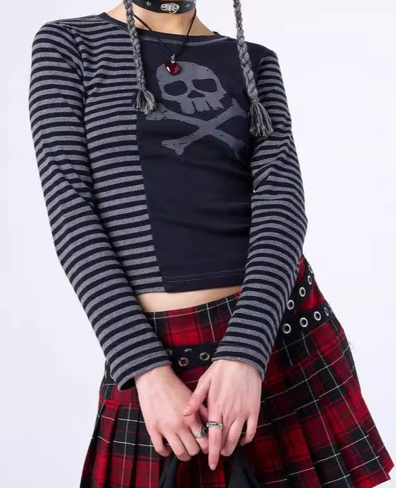 Gothic Skull Stripe Crop T-Shirt