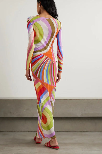 Striped Print Mesh See-Through Patchwork Maxi Dress