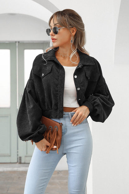 Button Up Corduroy Short Jacket Black / S
