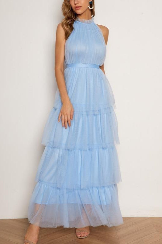 Blue Tiered Ruffle Mesh Party Dress