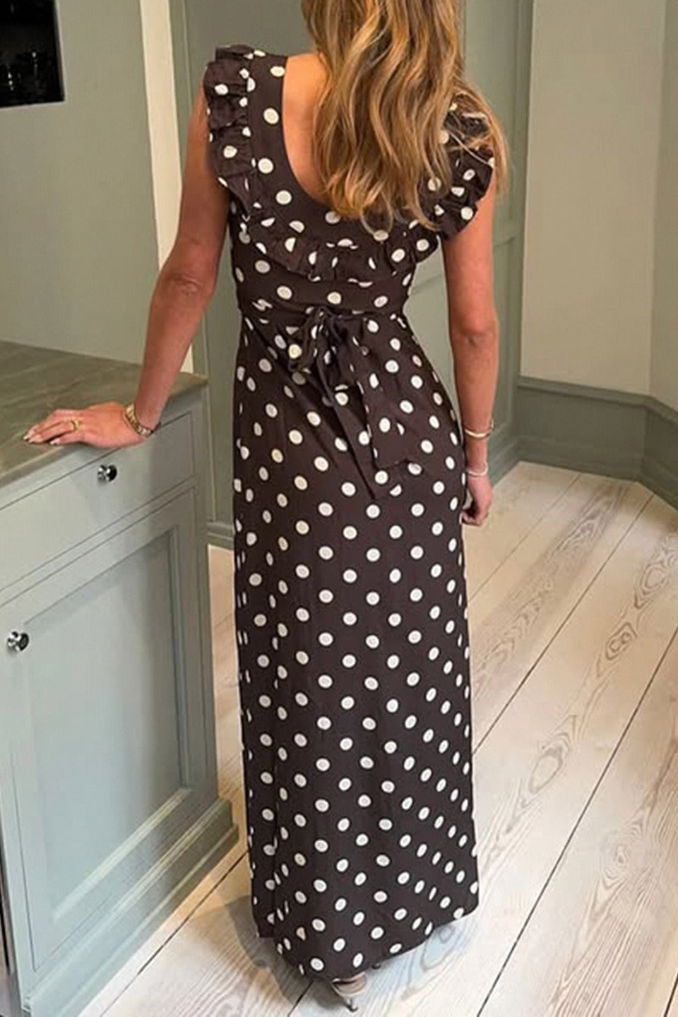 Polka Dot U-Neck Ruffled Bodycon Maxi Dress
