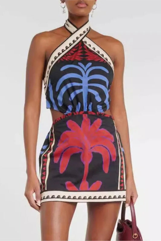 Bohemian Print Halter Neck Mini Dress