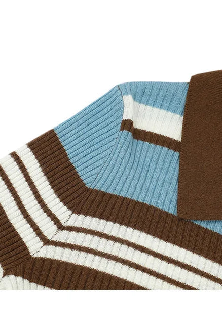 Striped Knit Turn down Collar Cardigan