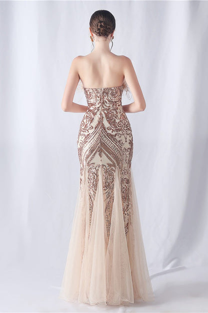 Ostrich Feather Sequin Evening Party Dress Gold / S