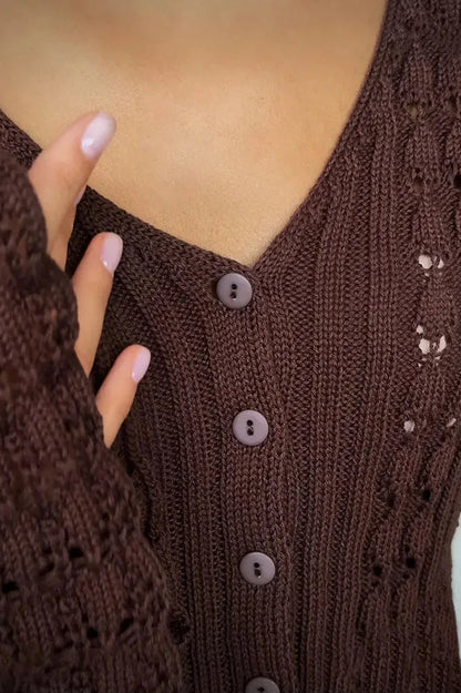 Hollow Out Knit V Neck Long Sleeve Cardigan