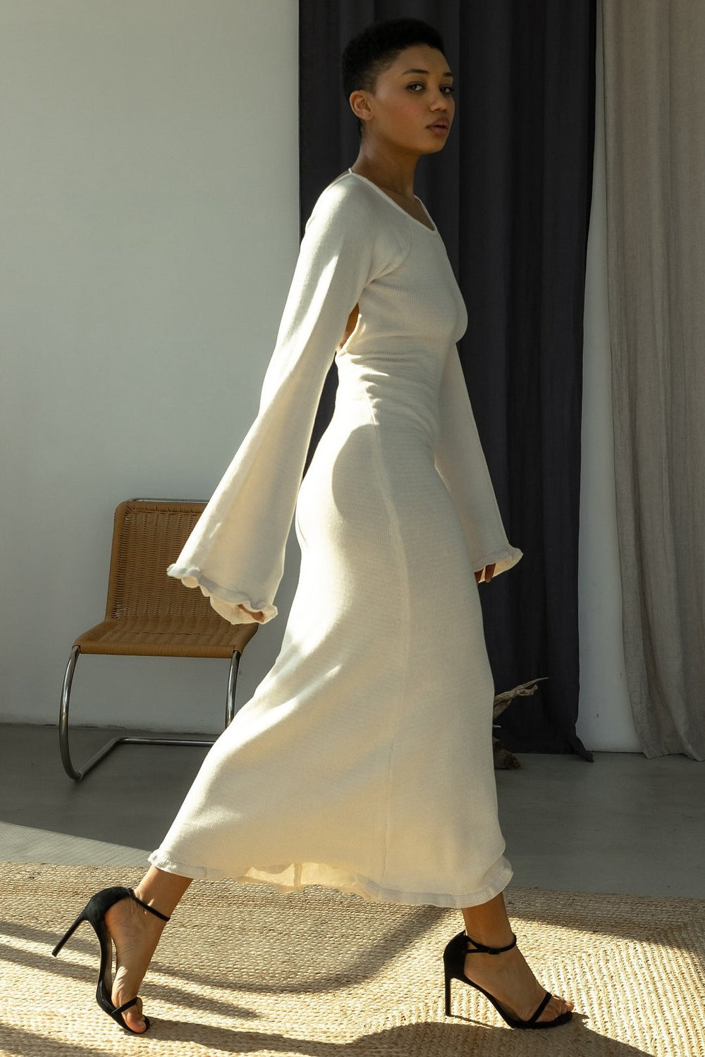 Backless Tie Maxi Sweater Dress S / White