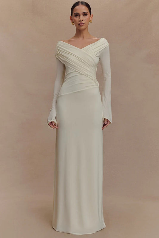 V Neck Long Sleeve Ruched High Waist Maxi Dress