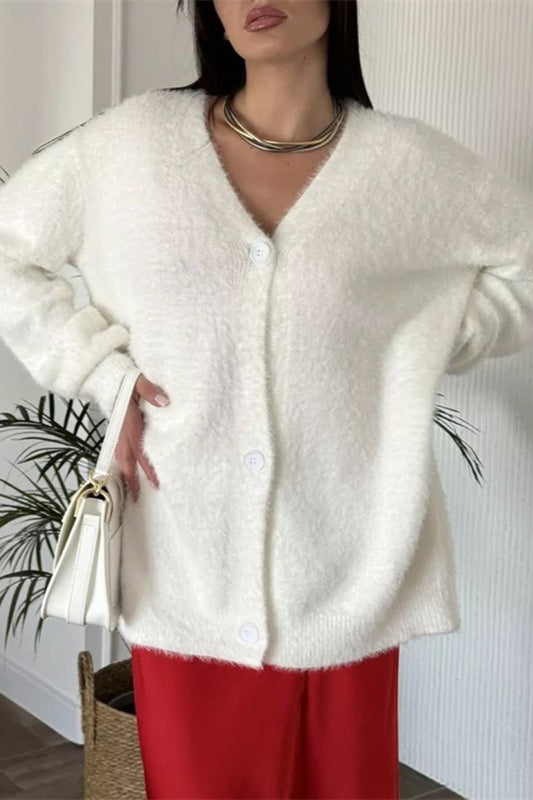 Plush V-Neck Cardigan White / One Size