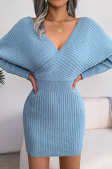 Cross V-Neck Batwing Fitted Sweater Dress