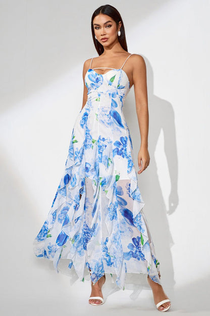 Slit Ruffled Floral Print Party Dress