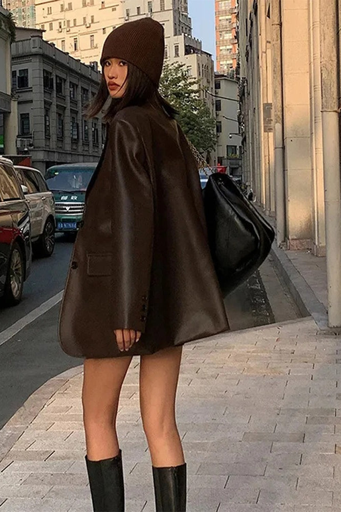 Black PU Leather Blazer Jacket coats