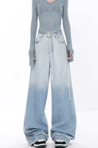 High Waist Draped Gradient Ripped Jeans Gradient Blue / S