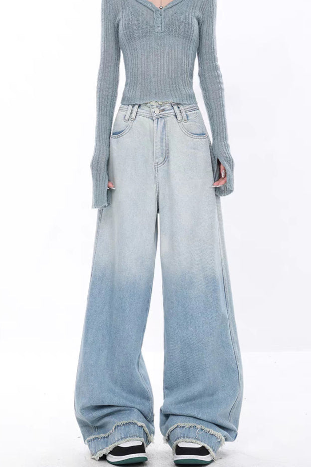 High Waist Draped Gradient Ripped Jeans Gradient Blue / S