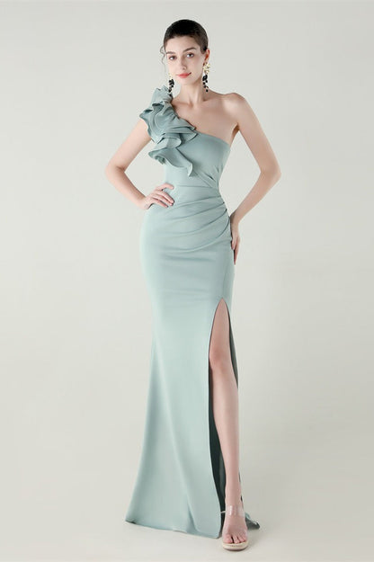 Ruffled Floral One Shoulder Satin Party Dress Light Green / S