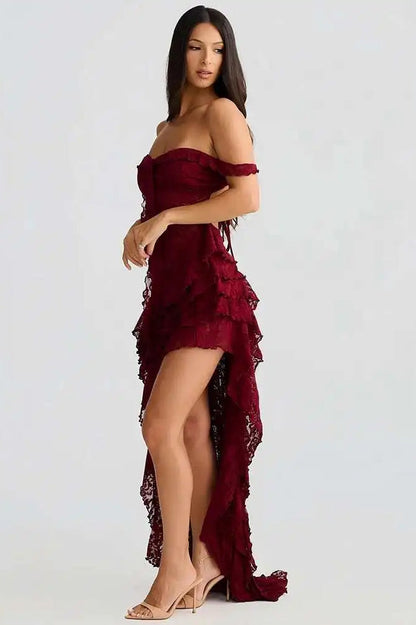 Lace Ruffle Off Shoulder Midi Dress