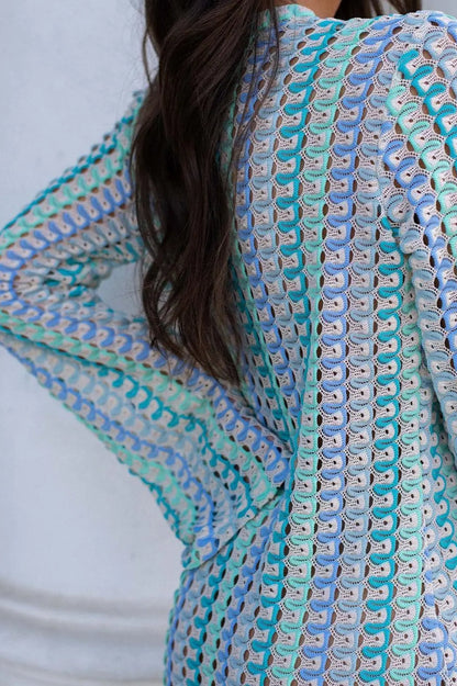 Crochet Colorful Stripe V-Neck Flare Sleeve Maxi Dress