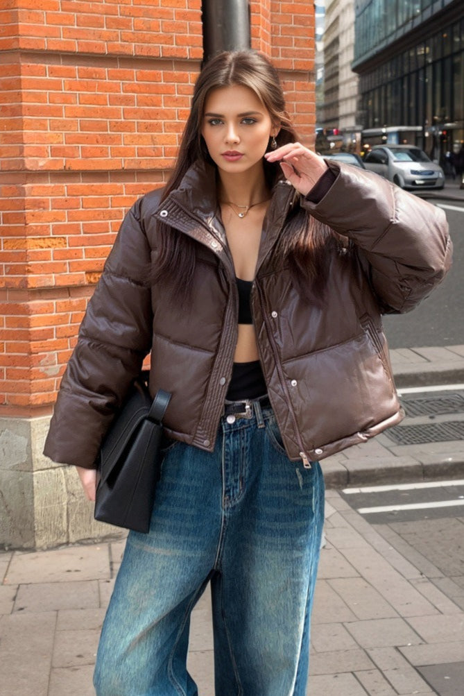 Cropped Faux Leather Insulated Puffer Jacket
