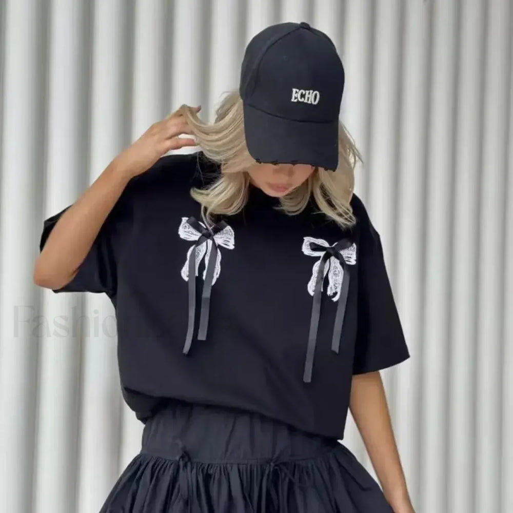 3D Bow Print Cotton T Shirt Black / M