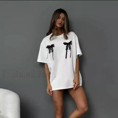 3D Bow Print Cotton T Shirt White / M