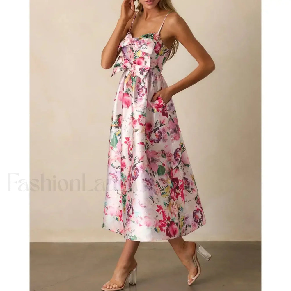 3D Bow Spaghetti Strap Midi Dress