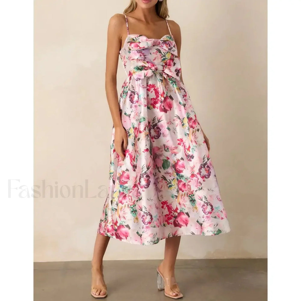 3D Bow Spaghetti Strap Midi Dress