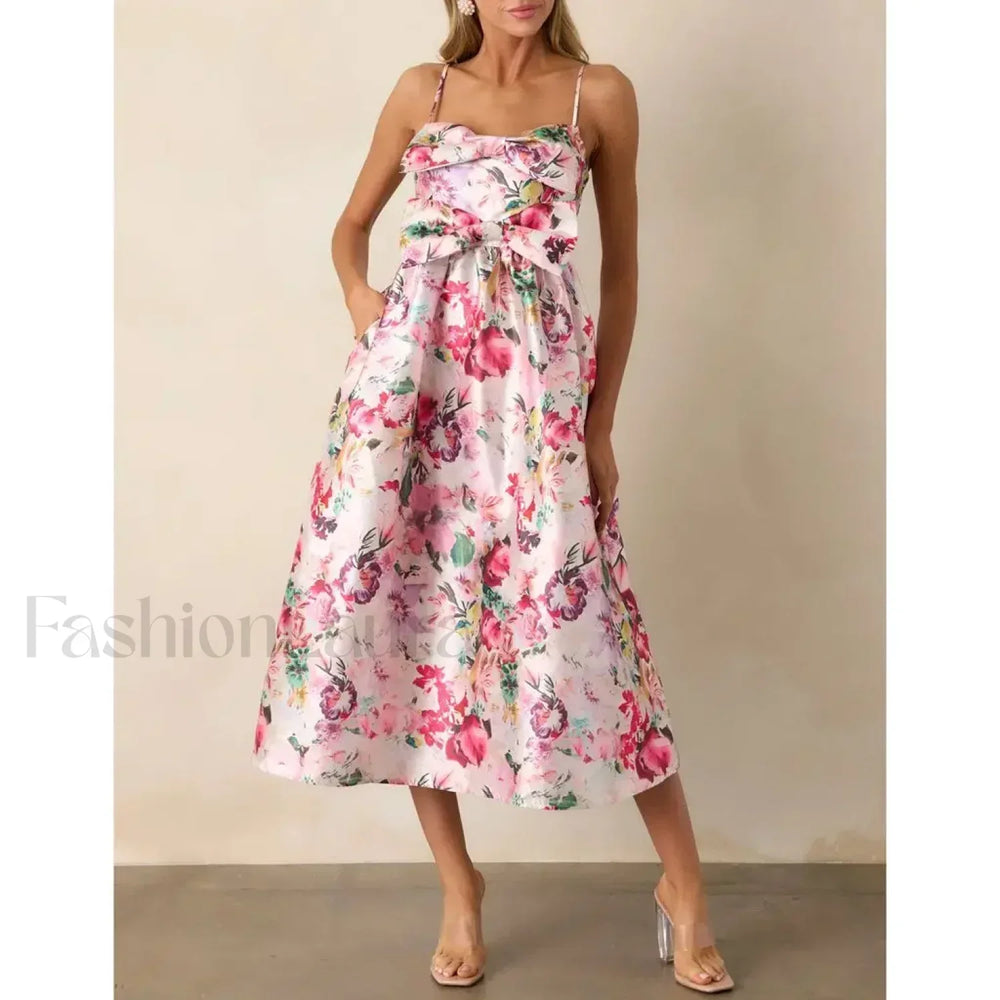 3D Bow Spaghetti Strap Midi Dress red / S