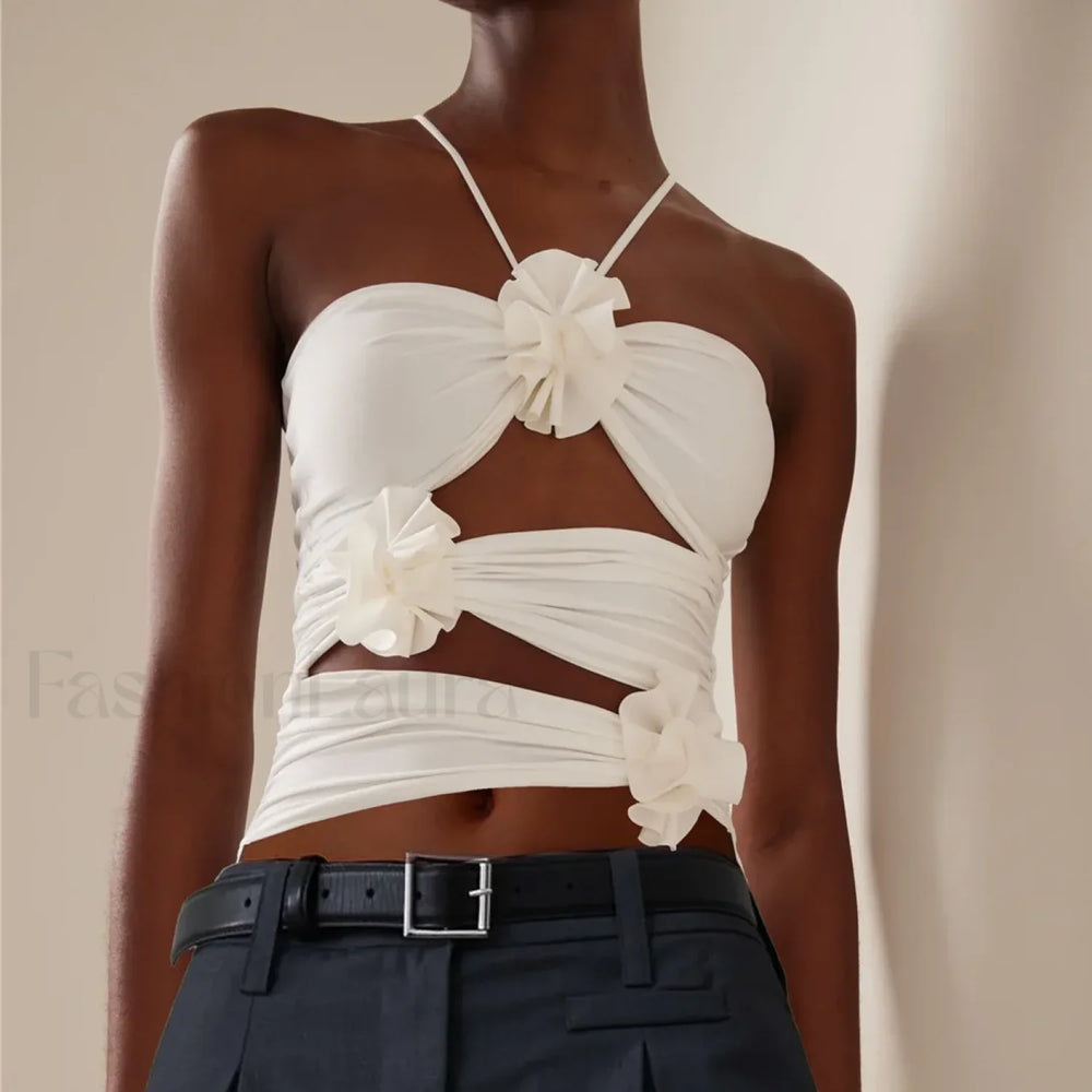 3D Floral Cut Out Crop Top WHITE / S