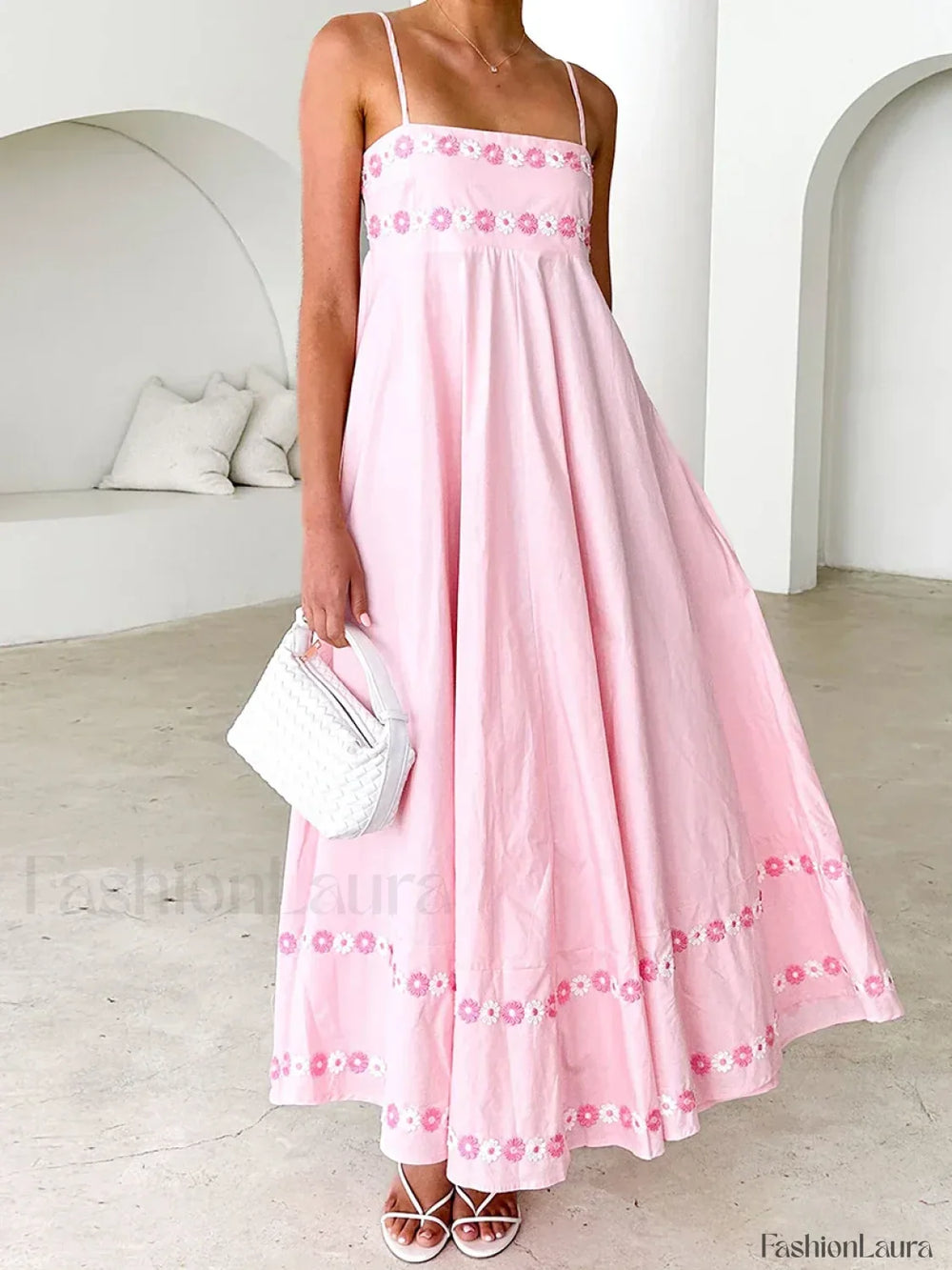 3D Flower Loose A Line Maxi Dress Pink / S