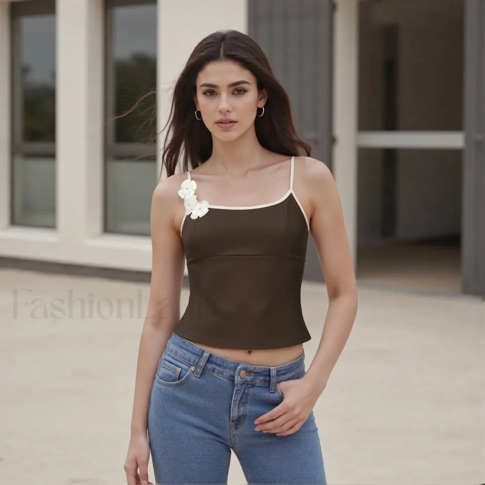 3D Flower Square Neck Crop Top Dark Brown / S